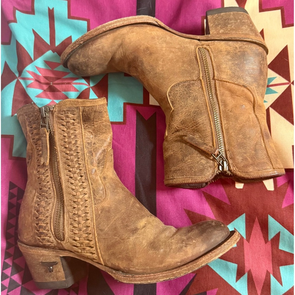 Lane Boots Women Brown Distressed Leather Woven Western Ankle Booties Size 5.5 - Picture 4 of 9